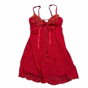Y2K European Vintage Hunkemöller Sheer Lace Embroidery Tie-Front Slip (Red) M